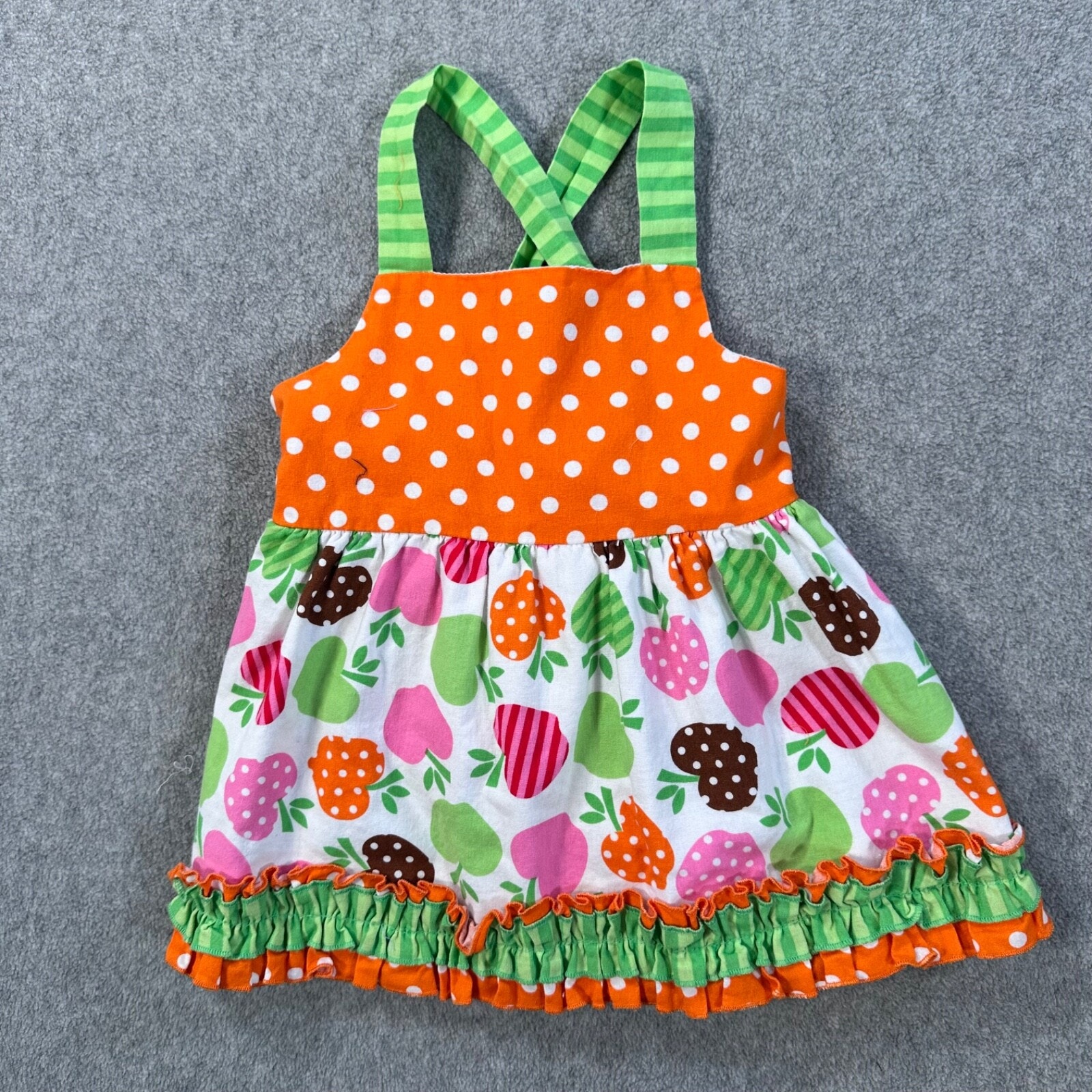 Rare Editions Apple Shirt Ruffle Smocked Girls 3t Orange Green Pink Polka Dot